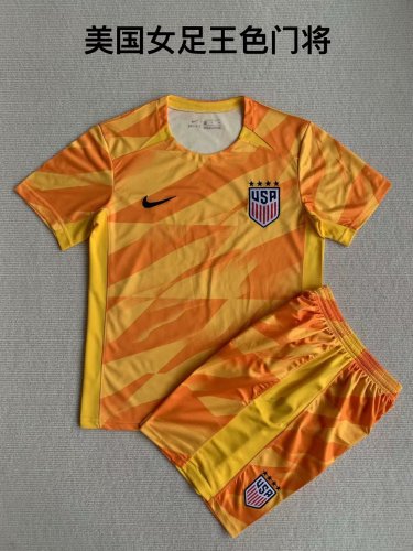 Youth Uniform Kids Kit 2023-2024 USA Yellow Goalkeeper Soccer Jersey Shorts