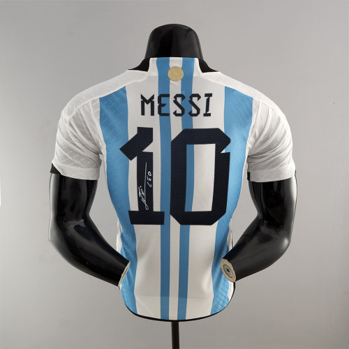 with 3 Stars+Golden Patch Player Version 2022 World Cup Argentina Signed MESSI 10 Home Soccer Jersey
