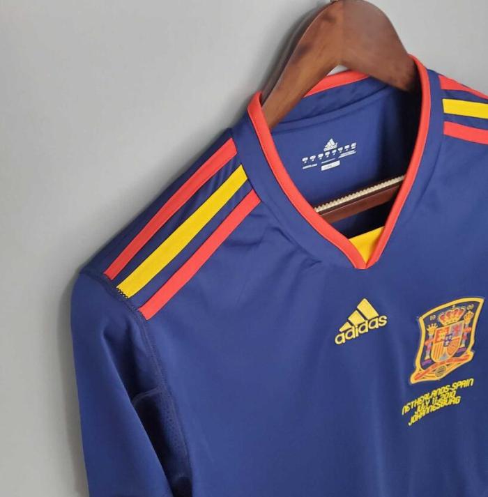 with Front Lettering Long Sleeve Retro Jersey 2010 Spain Away Blue Soccer Jersey