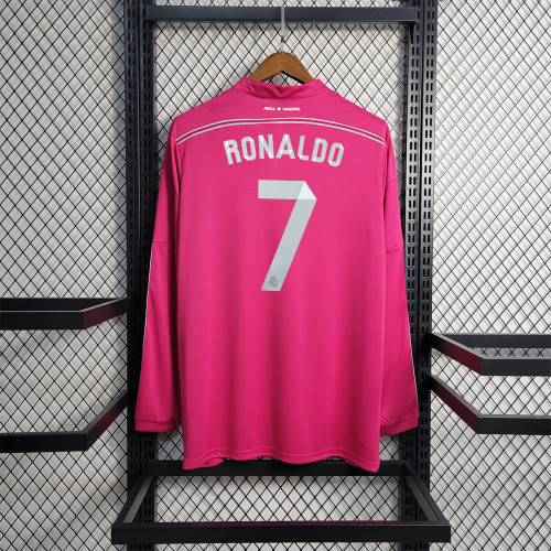 Long Sleeve Retro Jersey 2014-2015 Real Madrid RONALDO 7 Away Pink Soccer Jersey