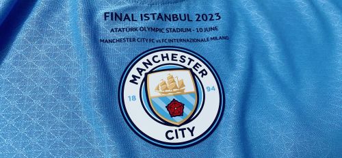 with Front Lettering UCL Patch Player Version 2022-23 Manchester City Final Match Home Soccer Jersey with City in the community