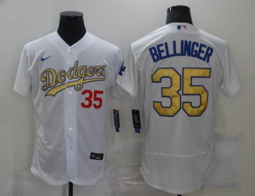 Los Angeles Dodgers 35 BELLINGER White Gold Nike 2020 World Series Champions Flexbase Jersey