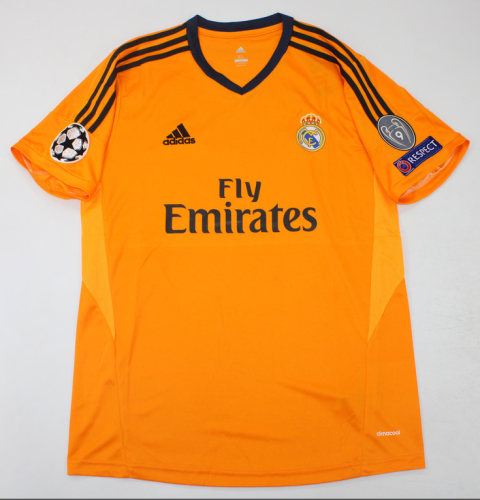with UCL Patch Retro Jersey 2013-2014 Real Madrid 3rd Away Yellow Vintage Soccer Jersey