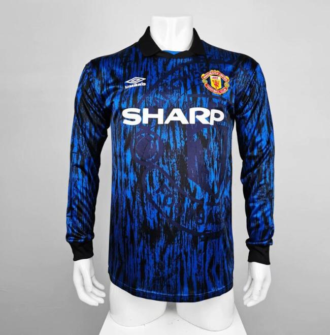 Retro Jersey Long Sleeve 1992-1993 Manchester United Away Blue Soccer Jersey