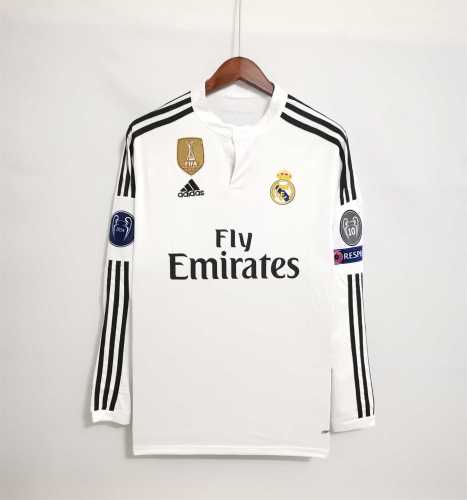 with Gold FFA+UCL Patch Long Sleeve Retro Jersey 2014-2015 Real Madrid Home Soccer Jersey