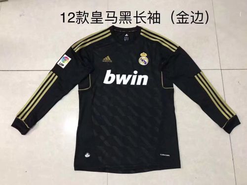 with LFP Patch Retro Jersey Long Sleeve Real Madrid 2011-2012 Away Black Soccer Jersey