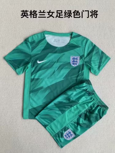Youth Uniform Kids Kit 2023-2024 England Green Goalkeeper Soccer Jersey Shorts