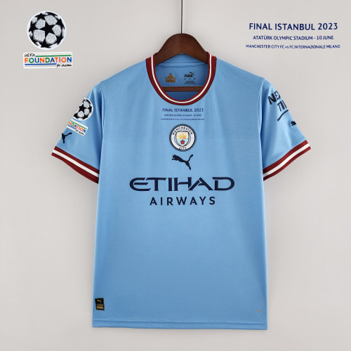 with Front Lettering UCL Patch Fan Version 2022-23 Manchester City Final Match Home Soccer Jersey Shirt with City in the community