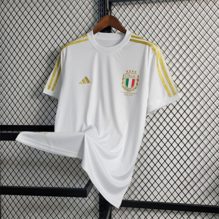 with three stripes extend along the shoulders Italy 2023 125th Anniversary Kit Fan Version Football Shirt