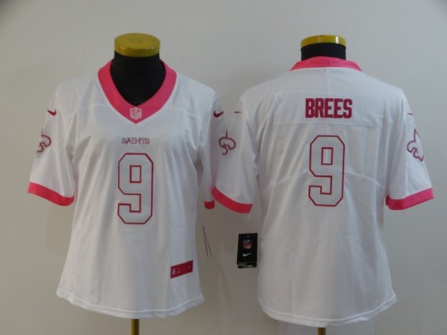 New Orleans Saints 9 Drew Brees White Pink Fashion Women Rush Limited Jersey