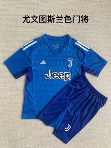 Youth Uniform Kids Kit 2023-2024 Juventus Blue Goalkeeper Soccer Jersey Shorts