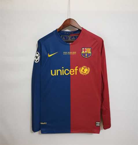 with Front Lettering+UCL Patch Retro Jersey Long Sleeve 2008-2009 Barcelona UCL Final Home Soccer Jersey
