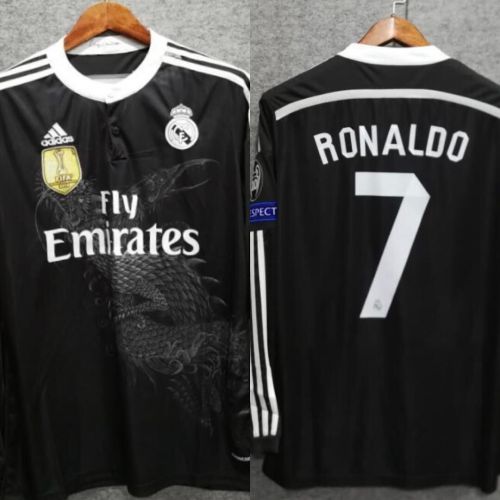 Retro Jersey Long Sleeve Real Madrid 2014 #7 RONALDO Third Black Soccer Jersey with Champions Patch