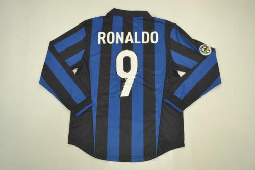 with Serie A Patch Retro Jersey Long Sleeve Inter Milan 1998-1999 RONALDO 9 Home Soccer Jersey