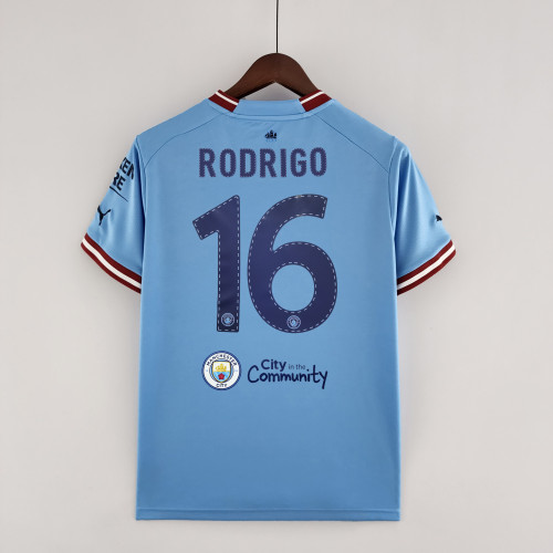 with Front Lettering UCL Patch Fan Version 2022-23 Manchester City Final Match Home Soccer Jersey 16 RODRIGO Shirt with City in the community