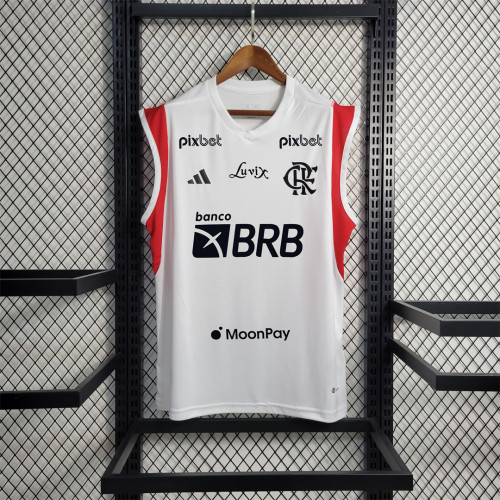 with All Sponor Logos Fans Version 2023-2024 Flamengo White Soccer Tank Top White Training Vest