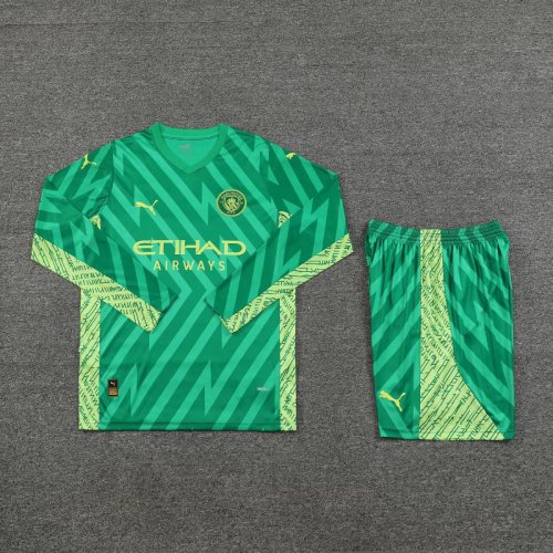 Adult Uniform Long Sleeve 2023-2024 Manchester City Green Goalkeeper Soccer Jersey Shorts