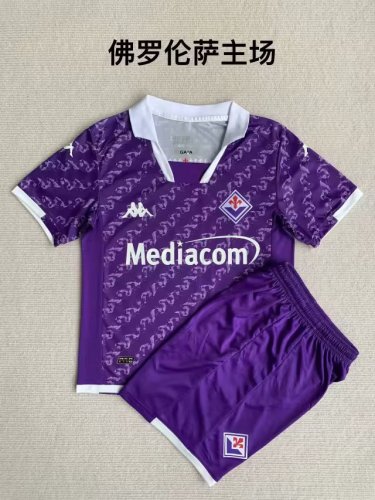 Florence Maillot Youth Uniform Kids Kit 2023-2024 Fiorentina Home Soccer Jersey Shorts