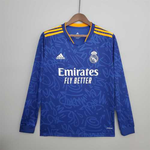 Fans Version Long Sleeve 2021-2022 Real Madrid Away Blue Soccer Jersey