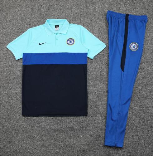 Chelsea Sea Blue/Dark Blue/Black Polo Soccer Jersey and Long Pants