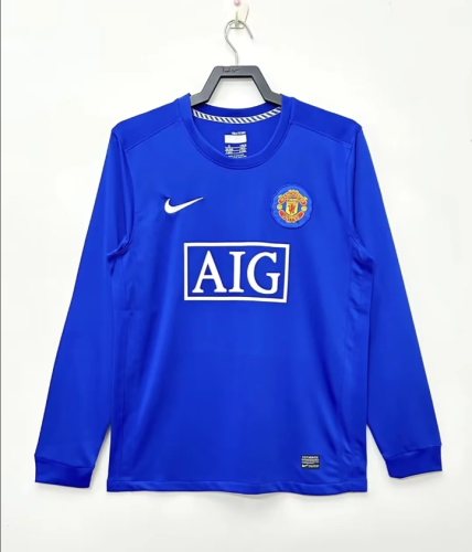 Long Sleeve Retro Shirt 2007-2008 Manchester United Away Blue Vintage Soccer Jersey