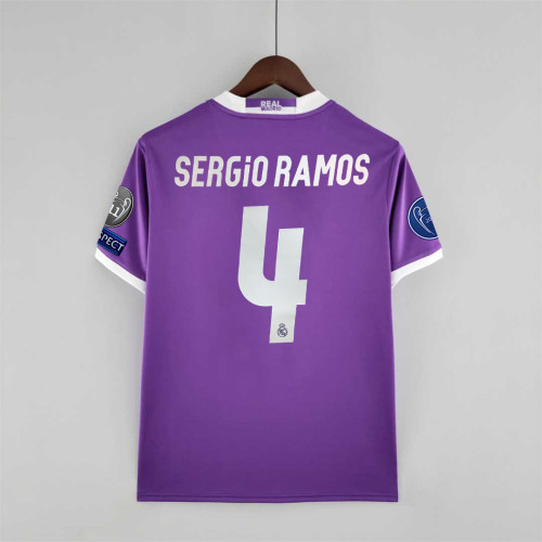 with Front Patch+Front Lettering+UCL Patch Retro Jersey 2016-2017 Real Madrid SERGIO RAMOS 4 Away Purple Soccer Jersey