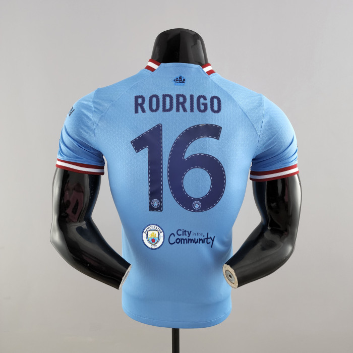 with Front Lettering UCL Patch Player Version 2022-23 Manchester City Final Match Home Soccer Jersey 16 RODRIGO Shirt with City in the community