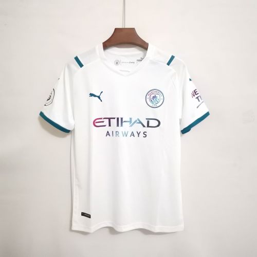 with Golden EPL Patch Fans Version 2021-2022 Manchester City Away White Soccer Jersey