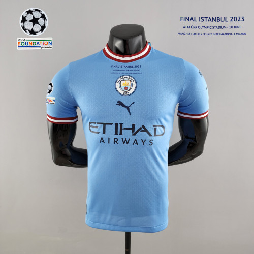 with Front Lettering UCL Patch Player Version 2022-23 Manchester City Final Match Home Soccer Jersey Shirt with City in the community