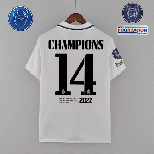 with Front Lettering+UCL Patch Fan Version 2022-23 Real Madrid Home Soccer Jersey CHAMPIONS 14 Real Camisetas de Futbol