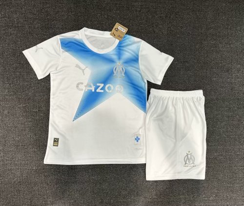 Youth Uniform Kids Kit 2023-2024 Marseille 30th Anniversary White Soccer Jersey Shorts
