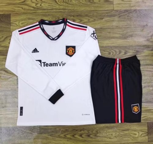 Adult Uniform Long Sleeve 2022-2023 Manchester United Away White Soccer Jersey Shorts
