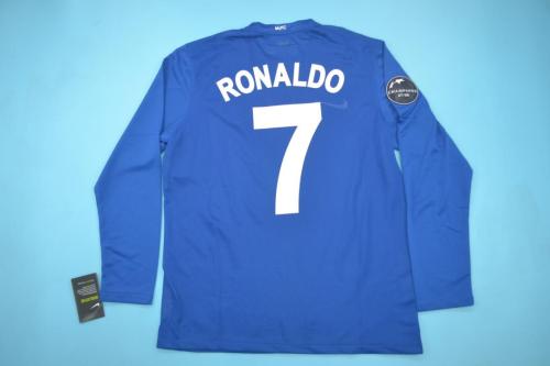 Retro Jersey Long Sleeve 2008-2009 Manchester United #7 RONALDO Away Blue Soccer Jersey with Champions Patches