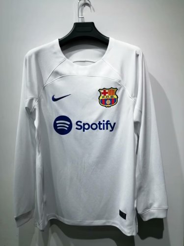 Long Sleeve 2023-2024 Barcelona Away White Soccer Jersey