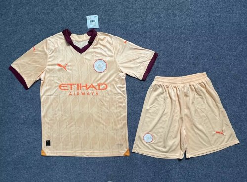 Adult Uniform 2023-2024 Manchester City Yellow Soccer Jersey Shorts