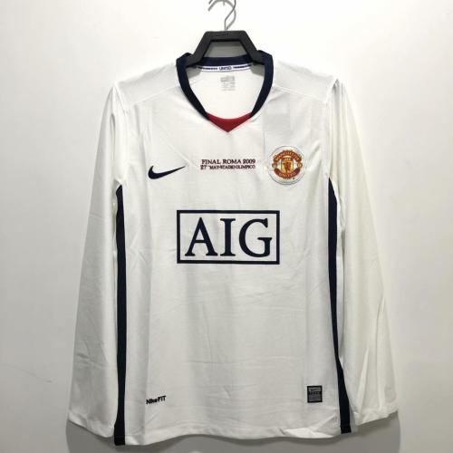 with Front Lettering Long Sleeve Retro Jersey 2008-2009 Manchester United UCL Final Away White Soccer Jersey