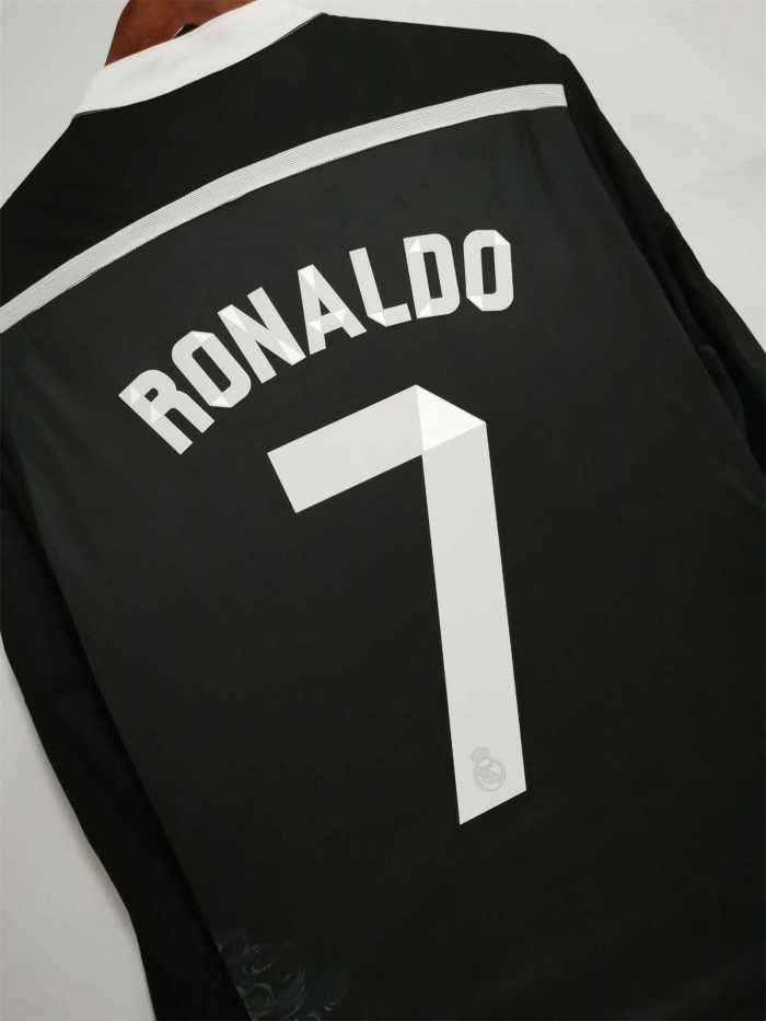 with Gold FIFA Patch+UCL Patch Long Sleeve Retro Jersey 2014-2015 Real Madrid RONALDO 7 Third Away Black Soccer Jersey