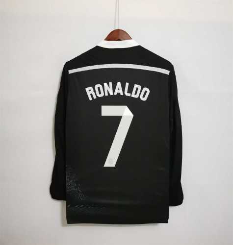with Gold FIFA Patch+UCL Patch Long Sleeve Retro Jersey 2014-2015 Real Madrid RONALDO 7 Third Away Black Soccer Jersey