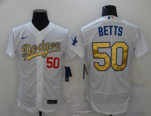 Dodgers 50 Mookie Betts White Gold Nike 2020 World Series Champions Cool Base Jersey