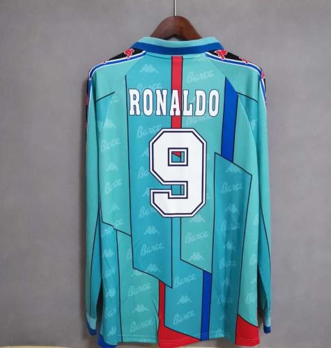 Long Sleeve Retro Jersey 1996-1997 Barcelona Away Blue RONALDO 9 Soccer Jersey