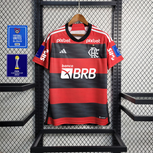 with All sponor Logos+2 Patches Fans Version 2023-2024 Flamengo Home Soccer Jersey