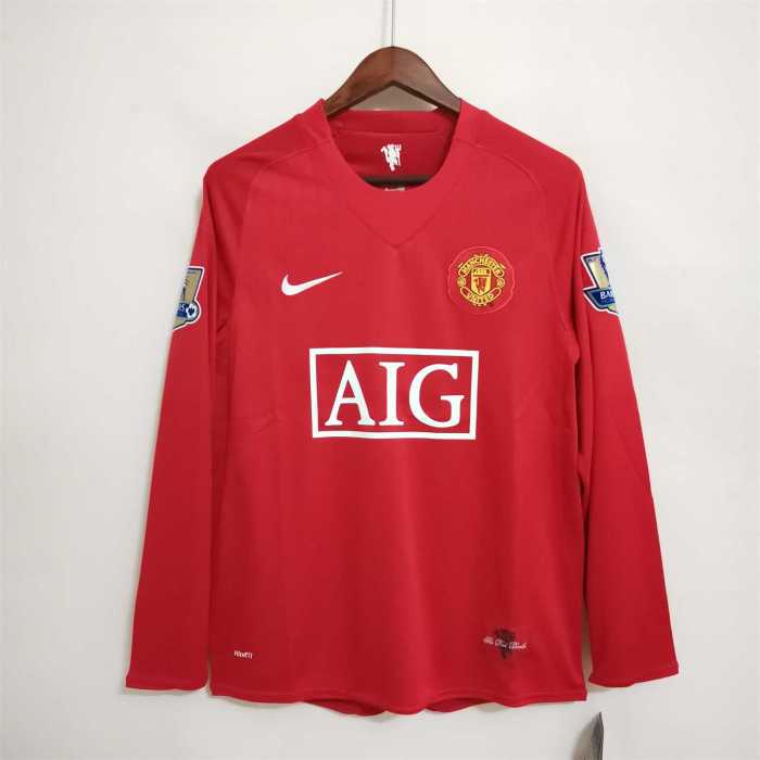 with Golden EPL Patch Retro jersey Long Sleeve 2007-2008 Manchester United Home Soccer Jersey