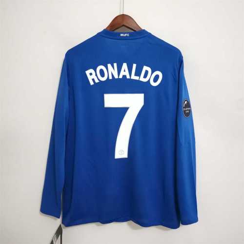 with Front Patch+Champions Patch Retro Jersey Long Sleeve 2008-2009 Manchester United RONALDO 7 Away Blue Soccer Jersey