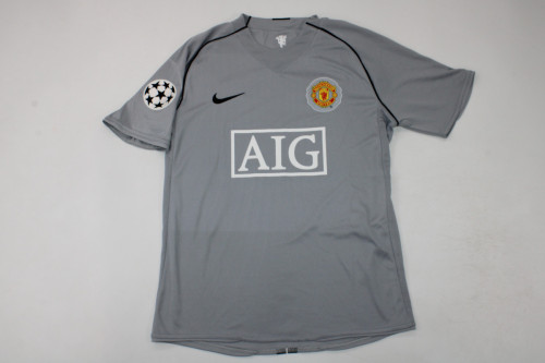 with UCL Patch Retro Man United Shirt 2007-2008 Manchester United Vintage Grey Goalkeeper Soccer Jersey