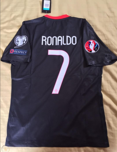 with Euro Patch Retro Jersey 2015-2016 Portugal RONALDO 7 Away Black Vintage Soccer Jersey