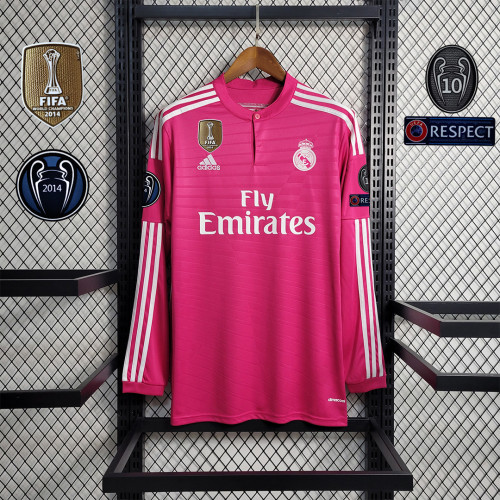 with Gold FIFA+UCL Patch Retro Jersey Long Sleeve 2014-2015 Real Madrid Away Pink Soccer Jersey