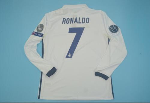 with UCL+Front Patch Long Sleeve Retro Jersey 2016-2017 Real Madrid 7 RONALDO Home Soccer Jersey
