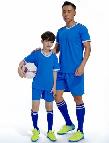 D8819 Blue Youth Set Adult Uniform Blank Soccer Training Jersey and Shorts