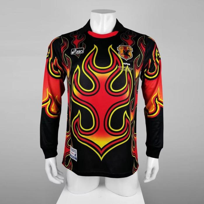 with Front Lettering Retro Jersey 1998 Long Sleeve Japan Red Flame Goalkeeper Soccer Jersey Vintage Football Shirt
