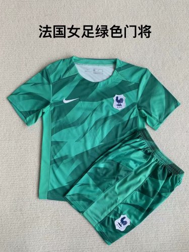 Youth Uniform Kids Kit 2023-2024 France Green Goalkeeper Soccer Jersey Shorts